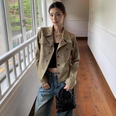 美式复古街头巴恩风鹿皮绒外套女秋季高级感修身显瘦短款夹克上衣