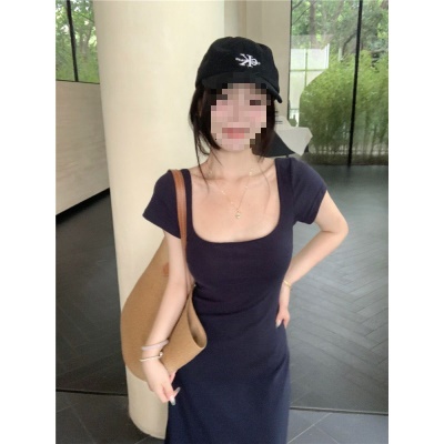法式纯欲风夏季圆领短袖连衣裙包臀修身收腰长裙纯色高腰大摆裙