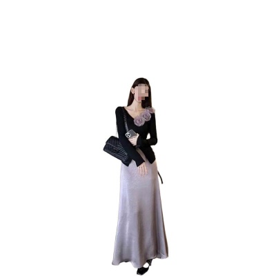 立体玫瑰修身V领气质长袖针织衫显瘦半身长裙女2026秋季时尚套装