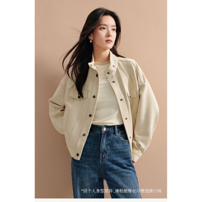 麂皮绒休闲短外套女士2026年春秋季新款气质复古工装立领夹克上衣