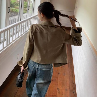 美式复古街头巴恩风鹿皮绒外套女秋季高级感修身显瘦短款夹克上衣