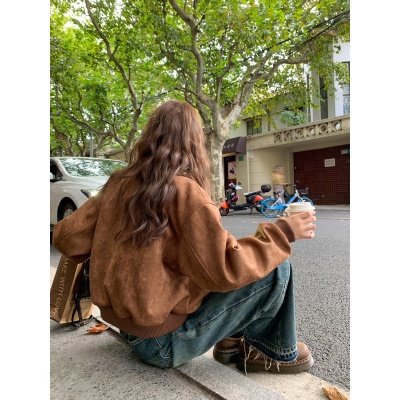 美式复古鹿皮绒棒球服外套夹克开衫春秋新款小个子短款机车服上衣