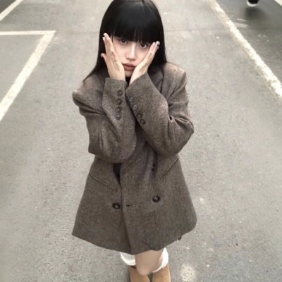 高级感复古咖色毛呢西装外套女冬季小众气质宽松休闲加厚呢子大衣