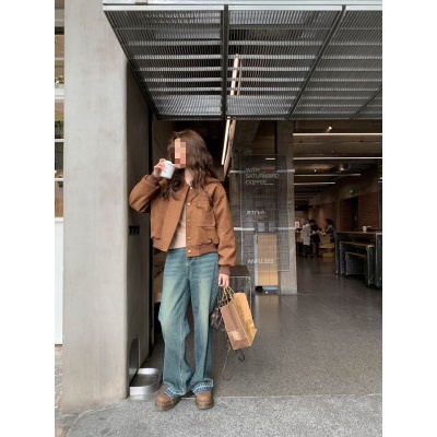 美式复古鹿皮绒棒球服外套夹克开衫春秋新款小个子短款机车服上衣