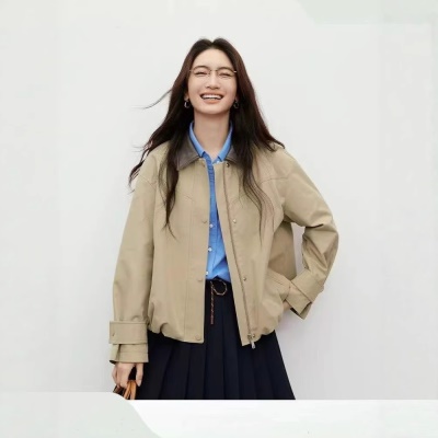 2026秋季新款外套翻领设计MIU风复古撞色休闲上衣宽松百搭夹克女