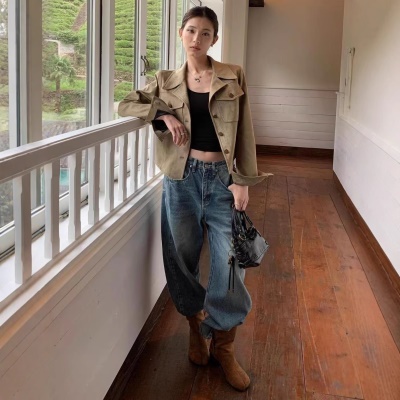 美式复古街头巴恩风鹿皮绒外套女秋季高级感修身显瘦短款夹克上衣