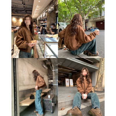 美式复古鹿皮绒棒球服外套夹克开衫春秋新款小个子短款机车服上衣