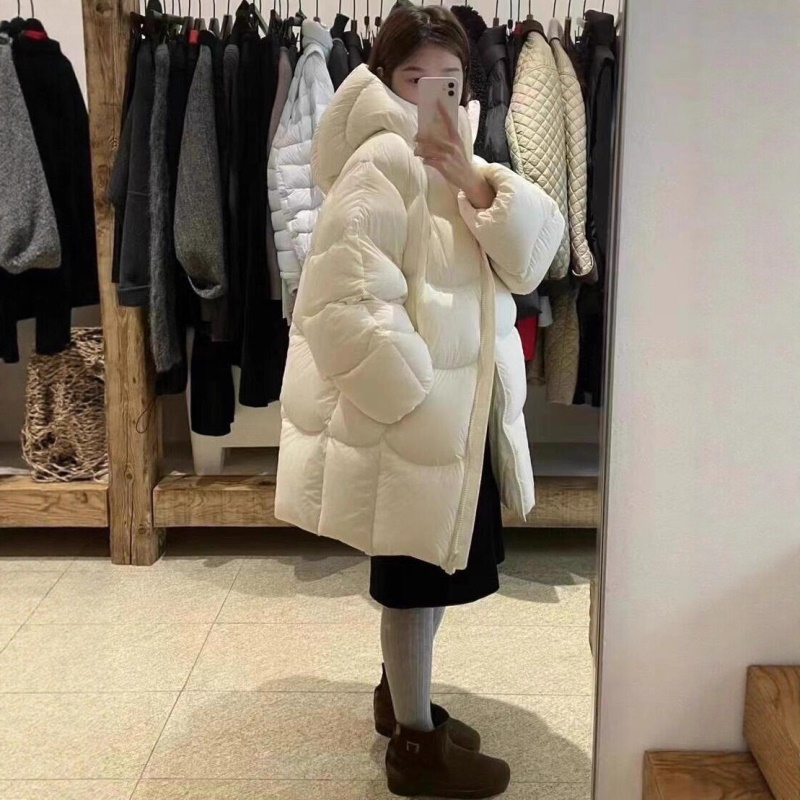 Hello家鹅绒服女中长款茧型简约连帽花苞宽松加厚外套冬2026新款