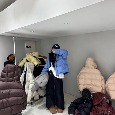 韩国原版撞色鹅绒服女2026冬新款宽松加厚短款连帽糖果色外套潮