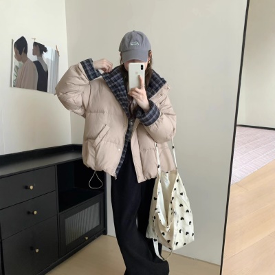 2026冬季新款拼接格子90鹅绒服女士短款连帽加厚外套宽松面包服
