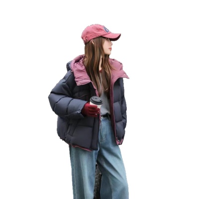 泡芙拼色连帽90白鹅绒女宽松2026冬季新款高级轻盈羽绒服外套保暖
