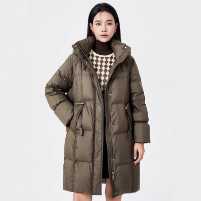中长款鹅绒服女2026新款韩版时尚连帽小个子加厚白鹅绒面包服外套