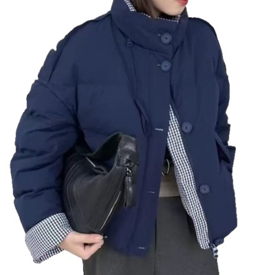 设计感白色格纹拼接鹅绒服女短款2026冬新款加厚减龄白鹅绒面包服