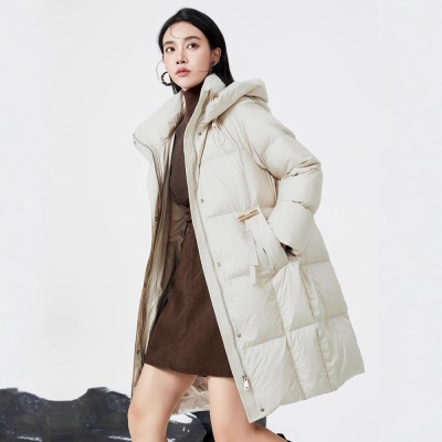 中长款鹅绒服女2026新款韩版时尚连帽小个子加厚白鹅绒面包服外套