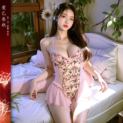 情趣内衣纯欲碎花吊带性感开裆制服免脱连体衣网纱透视装趣味睡裙