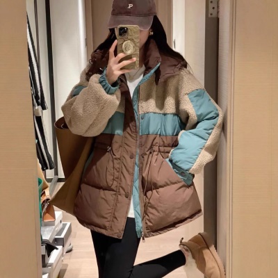 2026冬季羊羔毛拼接鹅绒服女抽绳收腰白鹅绒加厚外套撞色中长款