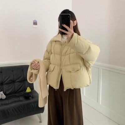 韩系高级感翻领撞色90鹅绒服女2026新款小个子小众短款羽绒服外套