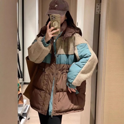 2026冬季羊羔毛拼接鹅绒服女抽绳收腰白鹅绒加厚外套撞色中长款
