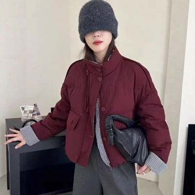设计感白色格纹拼接鹅绒服女短款2026冬新款加厚减龄白鹅绒面包服