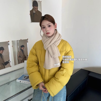黄色90鹅绒羽绒服宽松短款外套2024冬装立领抽绳简约显白面包服女