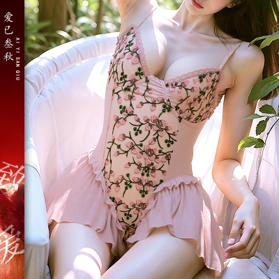 情趣内衣纯欲碎花吊带性感开裆制服免脱连体衣网纱透视装趣味睡裙