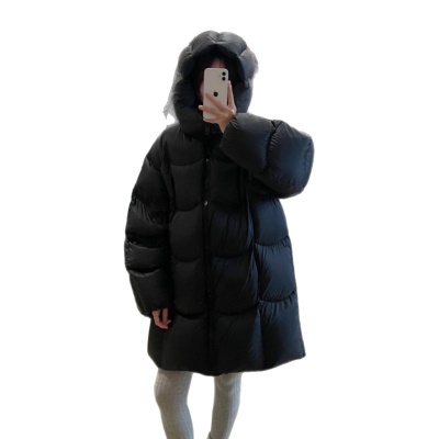 Hello家鹅绒服女中长款茧型简约连帽花苞宽松加厚外套冬2026新款