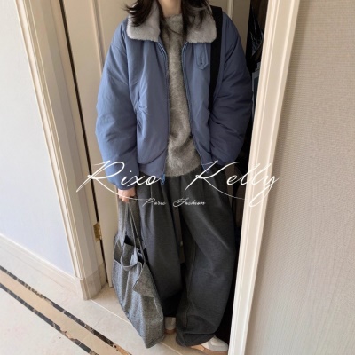 2026新款90鹅绒服法式蓝色设计感羊羔毛翻领短款羽绒服百搭外套