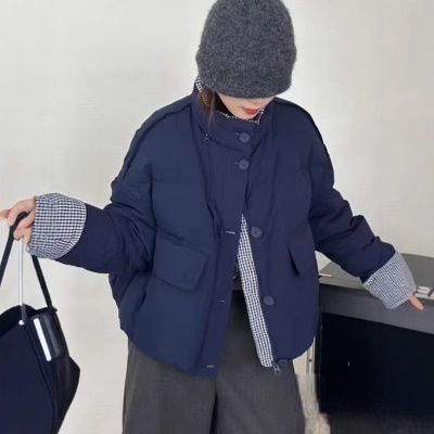 设计感白色格纹拼接鹅绒服女短款2026冬新款加厚减龄白鹅绒面包服