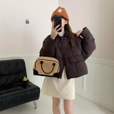 韩系高级感翻领撞色90鹅绒服女2026新款小个子小众短款羽绒服外套