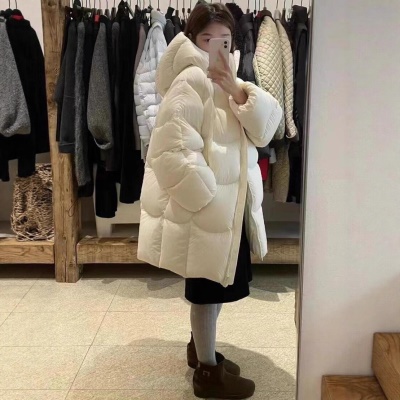 Hello家鹅绒服女中长款茧型简约连帽花苞宽松加厚外套冬2026新款