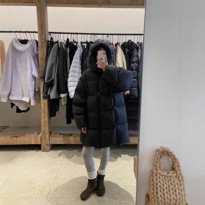 Hello家鹅绒服女中长款茧型简约连帽花苞宽松加厚外套冬2026新款