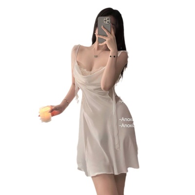 性感睡衣女法式荡领纯欲睡裙性暗示情趣吊带仙女风家居服冰丝套装