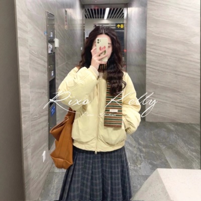 2026新款90鹅绒服法式蓝色设计感羊羔毛翻领短款羽绒服百搭外套