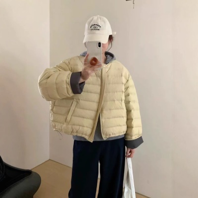 冬季2026新品韩系百搭休闲圆领撞色女小个子短款白鹅绒保暖外套