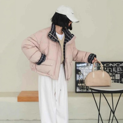 2026冬季新款韩版宽松立领撞色格子袖口女短外套  小个子鹅绒服
