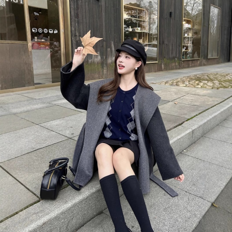 宽松双面双色AB面设计感连帽双面羊毛大衣中长款毛呢外套女小个子