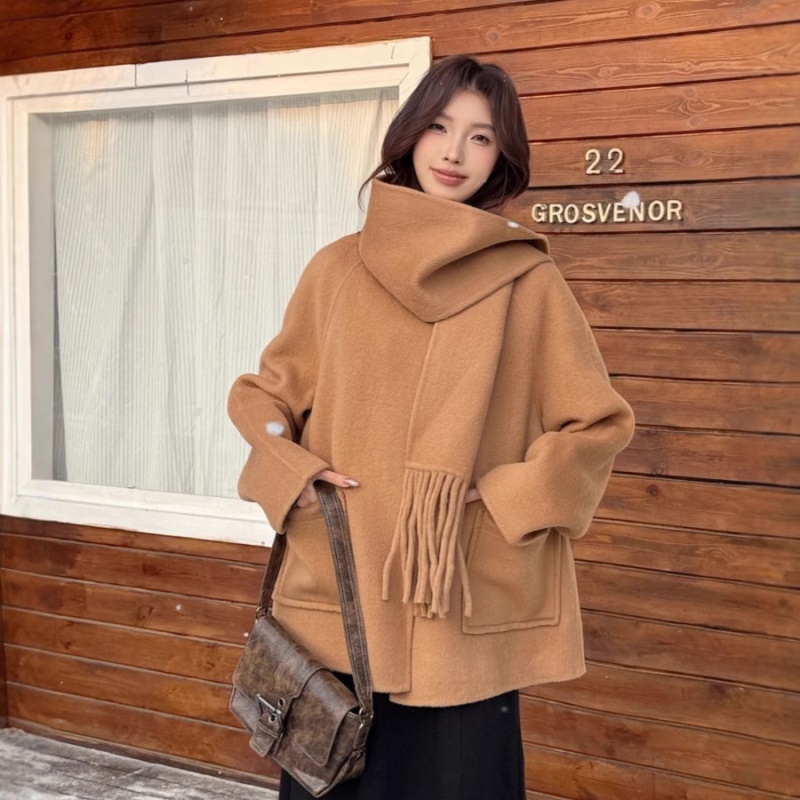 短款羊绒大衣女高级感韩版围巾羊毛大衣小个子穿搭羊绒毛呢外套女