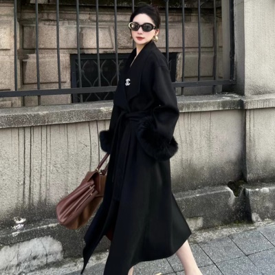 狐狸毛领大衣斗篷系带毛呢外套女2025新款双面羊绒100羊毛名媛风
