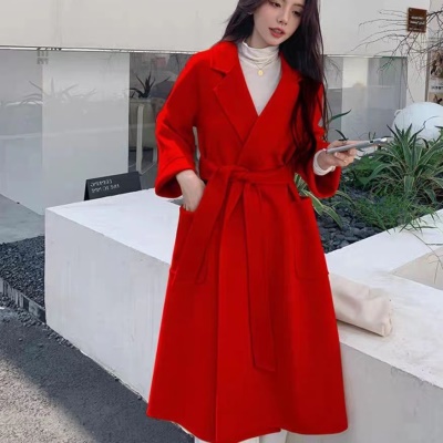 24双面绵羊毛大衣长款水波纹大浴袍女款羊绒毛呢外套秋冬羊毛免烫