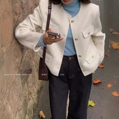 短款小香风羊毛大衣女春季高级感小个子羊绒格雷系穿搭毛呢外套女