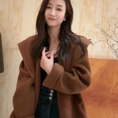 韩版连帽双面羊毛大衣小个子羊绒上衣高级感骆驼绒桑蚕丝毛呢外套