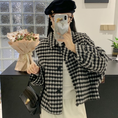 千鸟格毛呢外套女2024秋冬新款小个子韩版宽松减龄呢大衣时尚百搭