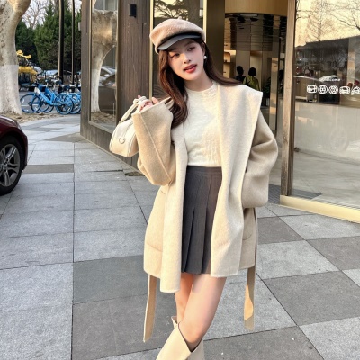 宽松双面双色AB面设计感连帽双面羊毛大衣中长款毛呢外套女小个子