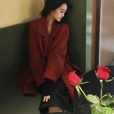慵懒红色双面呢羊毛大衣西西里小个子羊绒高级感灰色毛呢外套短款