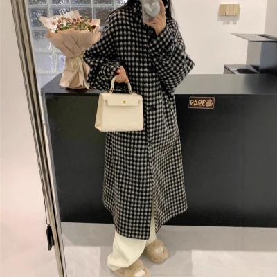 长款千鸟格羊绒大衣双面韩系气质黑白格子羊毛-9990经典简约风