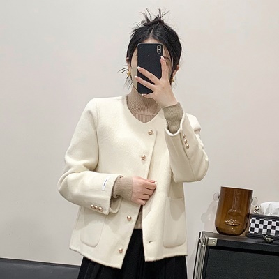新款双面羊绒大衣女韩版短款圆领小个子毛呢纯色羊毛小香风外套
