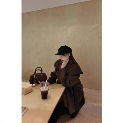骆驼绒大衣红色战袍韩系连帽羊绒高级感小个子双面羊毛毛呢外套女